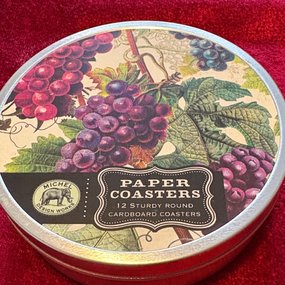 12 Paper Coasters - Colorful Grapes vineyard Design  new in tin never used